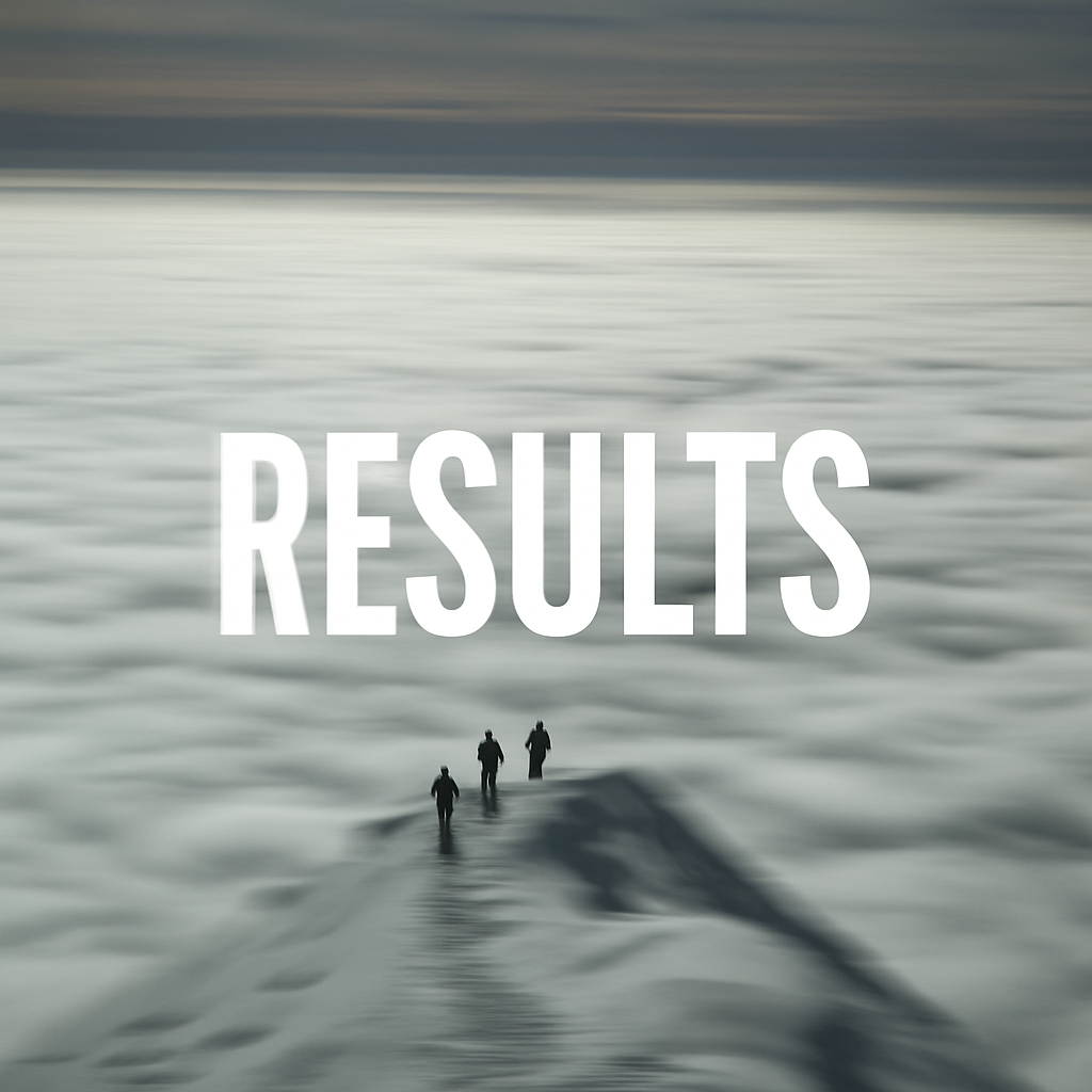 Two people walking on a reflective surface with the word 'RESULTS' above them.