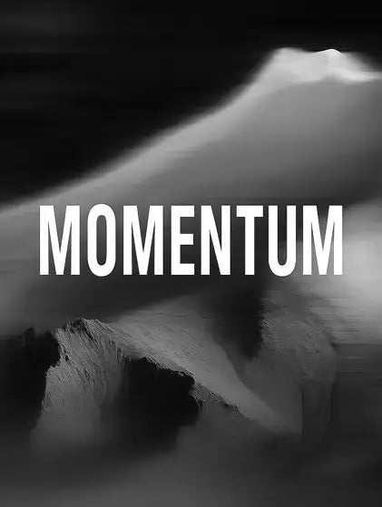 Black and white image of a mountain with the word 'MOMENTUM' overlaid.
